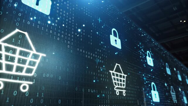 Best cyber monday deals. Futuristic Screen with Digital Shopping Carts and Padlocks Secure Online Shopping in Holographic and Binary Code World - Powered by Adobe