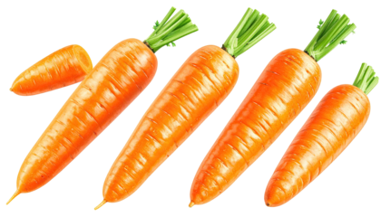 Four orange carrots with green tops and a sliced end section