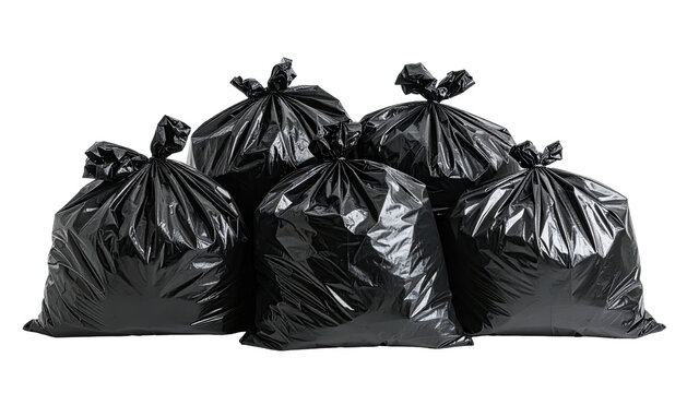 Five black garbage bags stacked against a black background