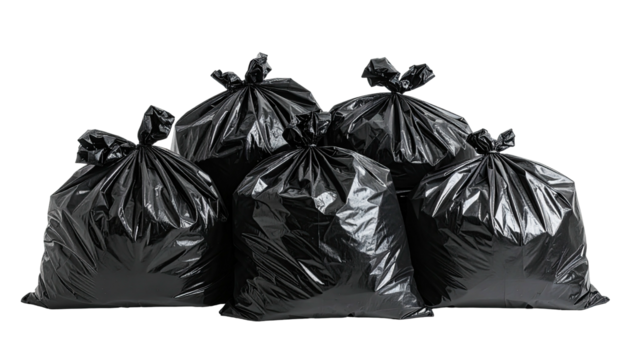 Five black garbage bags stacked against a black background