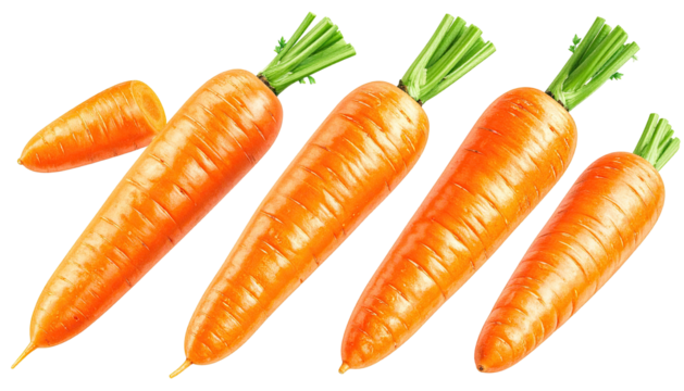 Four orange carrots with green tops and a sliced end section