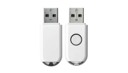 Two white USB flash drives, front and back view