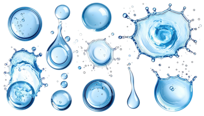 Clear blue water droplets, splashes, and pools on a black background
