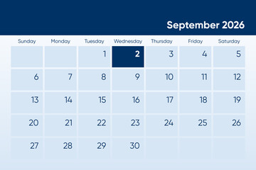 2 September 2026 calendar day design. It shows 2026 September 2 date calendar page