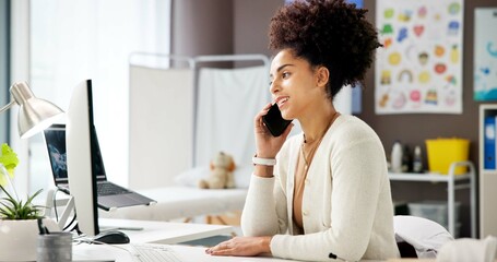 Doctor, woman or computer in office with phone call for pediatric booking, child healthcare or...