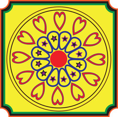 Illustration of colorful mandala design with hearts and stars on a yellow background