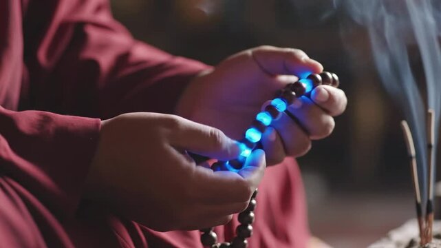 Hands holding a glowing prayer bead strand near incense, red robe in background