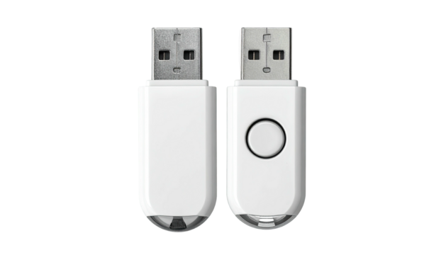 Two white USB flash drives, front and back view