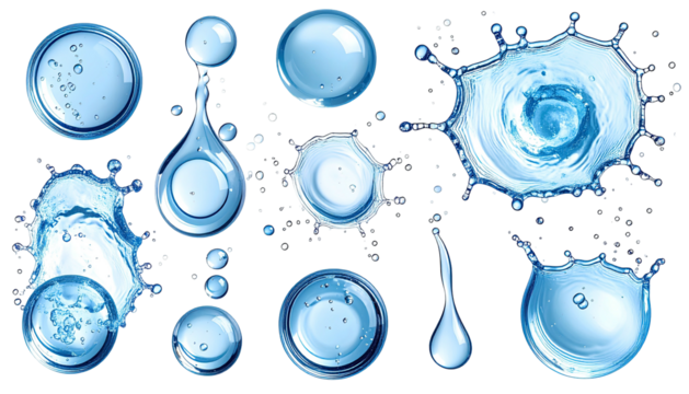 Clear blue water droplets, splashes, and pools on a black background