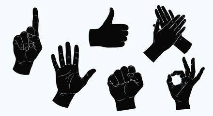 Set of hand gesture illustrations black and white silhouette style ideal for communication and expressing emotions