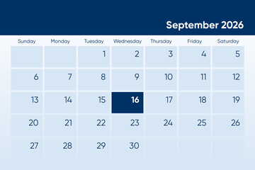 16 September 2026 calendar day design. It shows 2026 September 16 date calendar page