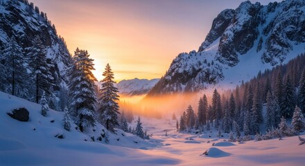 Sunrise over snow-covered valley with mountains, trees, and soft light