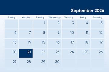 21 September 2026 calendar day design. It shows 2026 September 21 date calendar page