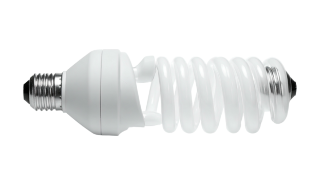 White spiral energy-saving lightbulb against a dark background