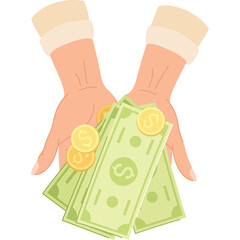 Open Hands Holding US Dollar Bills and Gold Coins Showing Wealth and Financial Success with a Transparent Background