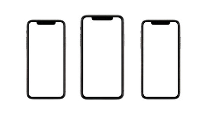 Three smartphones with black screens against a black backdrop