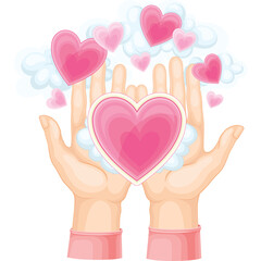 Open Hands Gently Holding A Large Pink Heart Surrounded By Floating Hearts And Fluffy Clouds In A Joyful Display