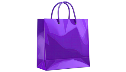 Glossy purple shopping bag with handles, on a black background