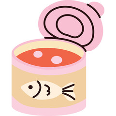 Open Pink and Beige Fish Food Can With Fish Illustration and Pink Lid Open Revealing Red Contents with Bubbles on Transparent Background