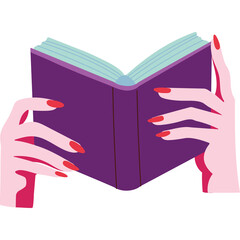 Open purple book held by woman with red nail polish on pink hands against a transparent background with light blue pages