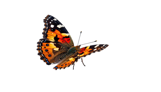 Painted lady butterfly with orange, red, black wings on black
