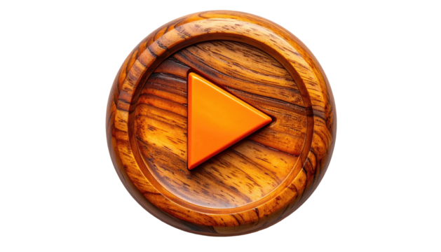 Play button round, wooden, amber arrow