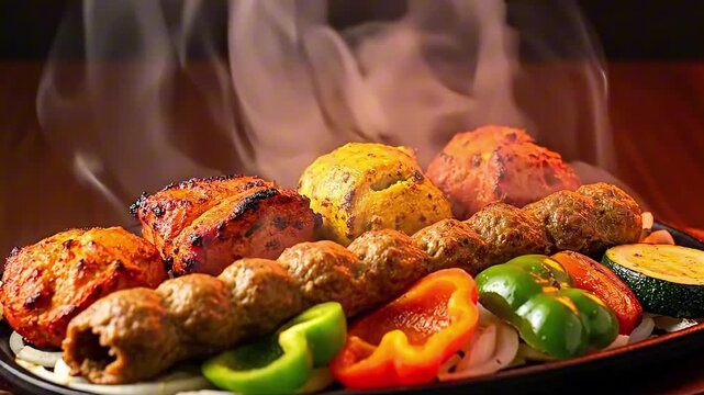 A delicious assortment of traditional Indian tandoori mixed grill kebabs, featuring succulent chicken tikka and seekh, sizzling on a hot platter