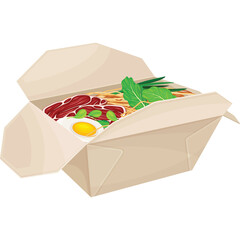 Open Takeout Container Filled With Noodles Sausage Egg and Green Vegetables on a Transparent Background