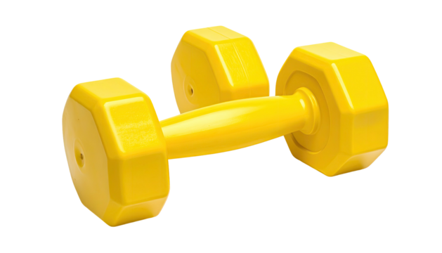 Bright yellow dumbbell with hexagonal ends, isolated