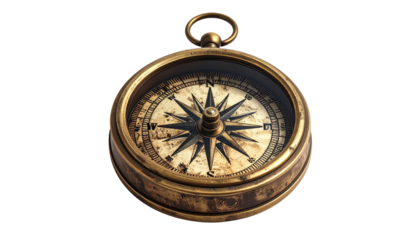 Antique brass compass with ornate star on a black backdrop