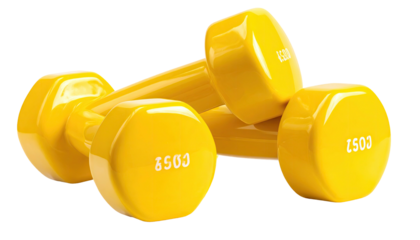 Two yellow dumbbells, stacked, on a dark background