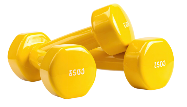 Two yellow dumbbells, stacked, on a dark background
