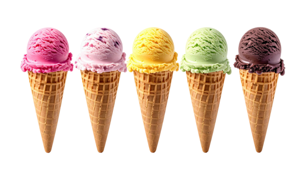 Five ice cream cones with different flavors lined up neatly
