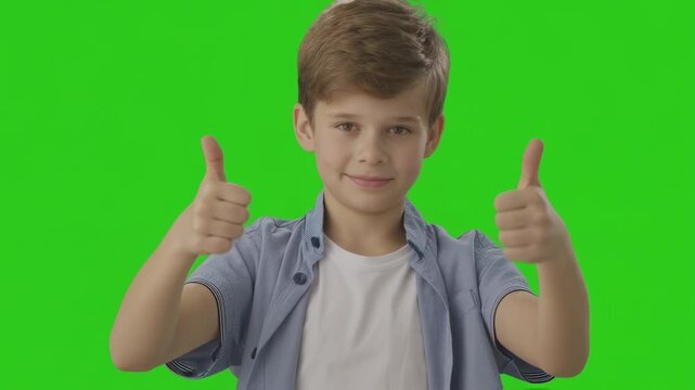 Boy in front of a green screen giving double thumbs up