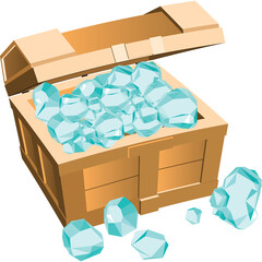Open Wooden Crate Filled With Blue Ice Cubes and Scattered Ice Chunks on Transparent Background