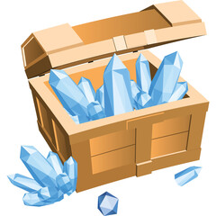 Open Wooden Crate Filled With Blue Ice Crystals And Scattered Gemstones On A Transparent Background In A Stylized Low Poly Art