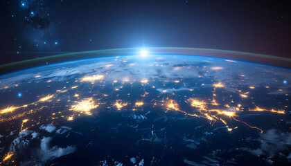 Stunning aerial view of Earth at night from space, illuminated cities glowing brightly under a starry sky with a vibrant sunrise on the horizon.