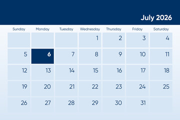 6 July 2026 calendar day design. It shows 2026 July 6 date calendar page