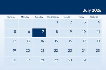 7 July 2026 calendar day design. It shows 2026 July 7 date calendar page