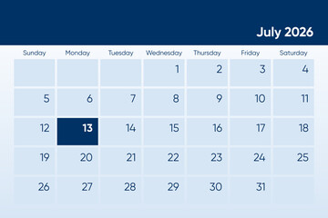 13 July 2026 calendar day design. It shows 2026 July 13 date calendar page