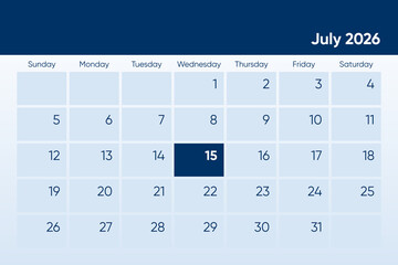 15 July 2026 calendar day design. It shows 2026 July 15 date calendar page