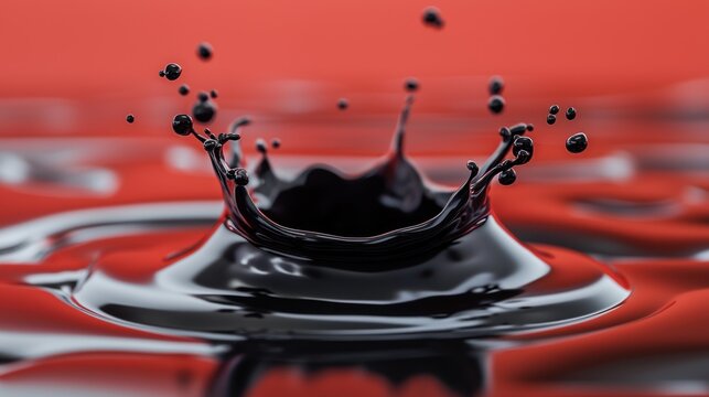 Dynamic Black Liquid Splash on Vibrant Red Surface with Rising Droplets and Glossy Reflections, Capturing High-Speed Fluid Art and Abstract Motion - Powered by Adobe