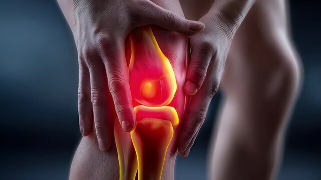 Human knee highlighted in anatomical illustration pain concept