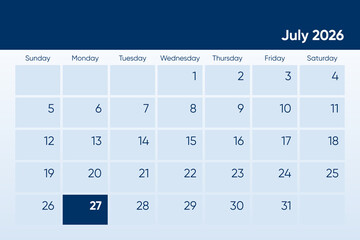 27 July 2026 calendar day design. It shows 2026 July 27 date calendar page