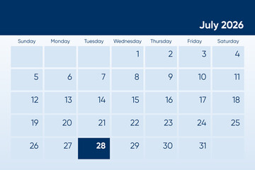 28 July 2026 calendar day design. It shows 2026 July 28 date calendar page