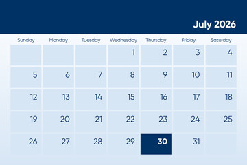 30 July 2026 calendar day design. It shows 2026 July 30 date calendar page
