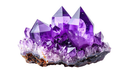 Cluster of lustrous purple amethyst crystals on rough matrix