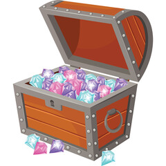 Open wooden treasure chest overflowing with sparkling colorful gemstones diamonds and jewels on a white background