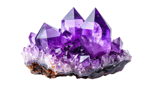 Cluster of lustrous purple amethyst crystals on rough matrix