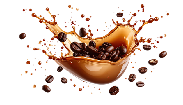 Splash of coffee with beans. Black background. Stunning!